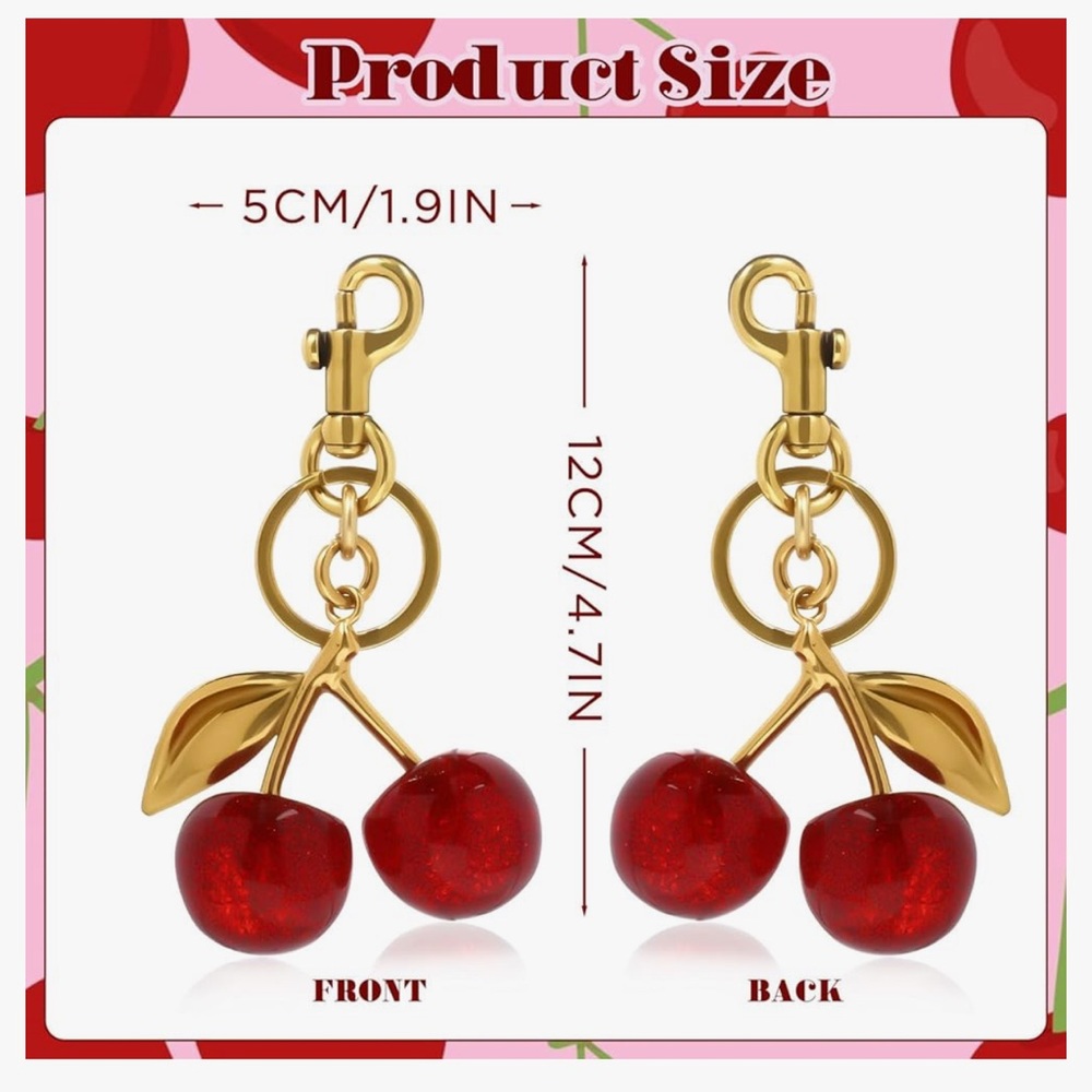 Cherry Gold Keychain Bag Charm – Sparkle Red – Resin & Brass Alloy – 4.72" - Picture 3 of 7